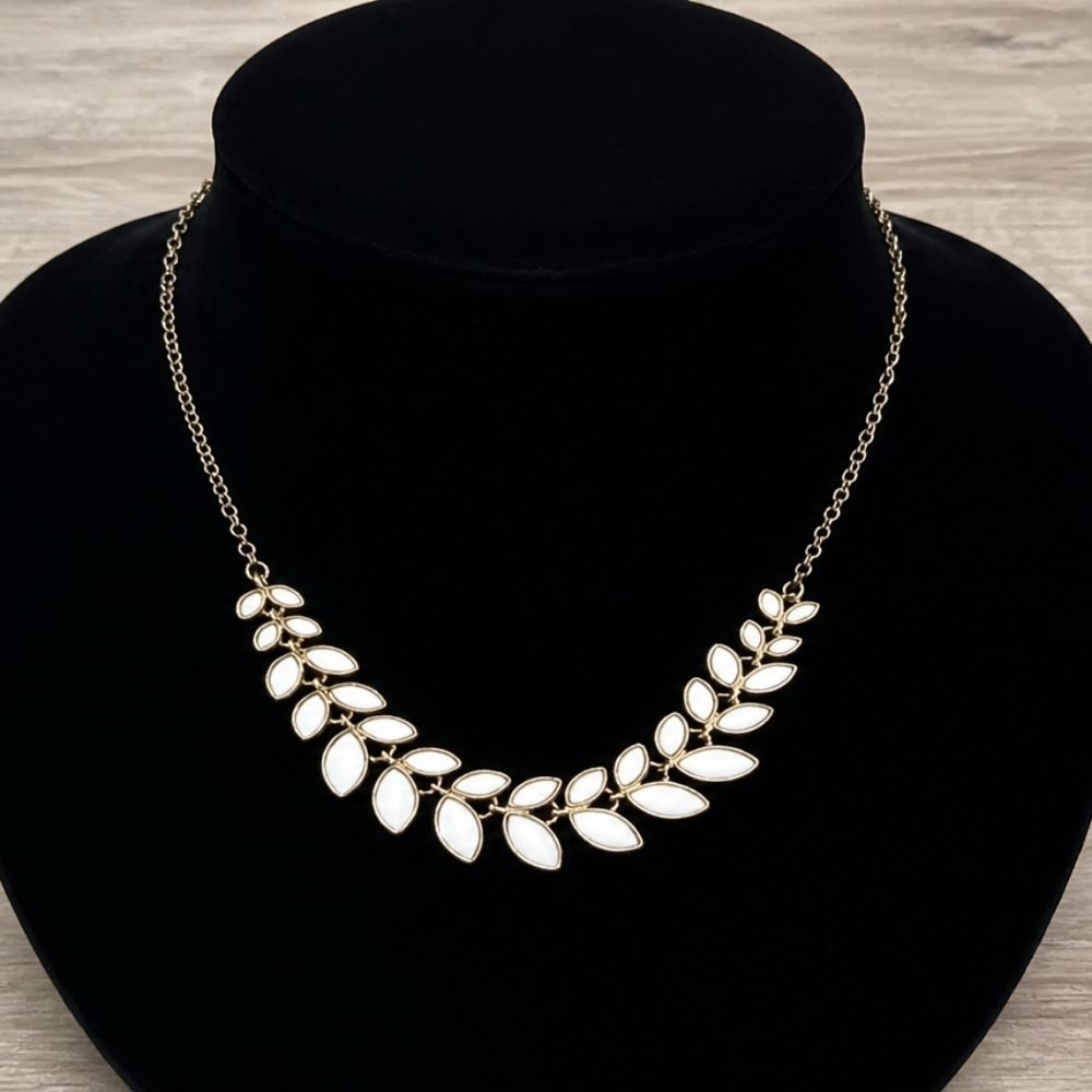 Vintage Gold-Tone Necklace with White Leaf Accents